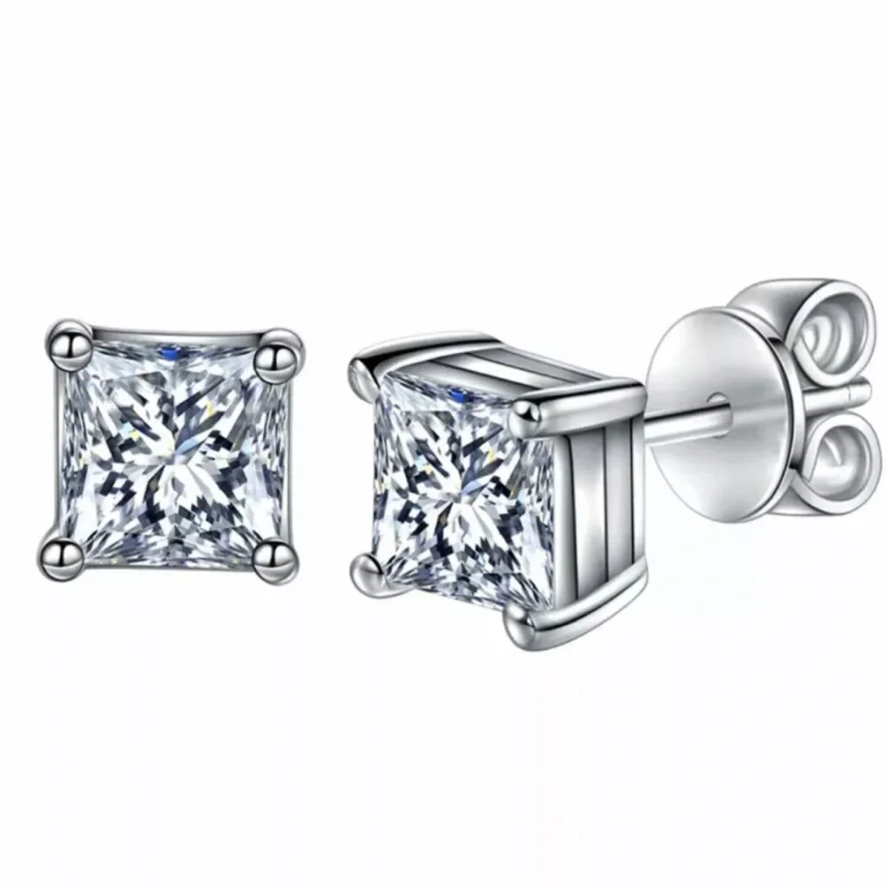 4-8mm Square Cut VVS Diamond 925 Silver Pin Studs